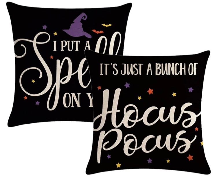 Photo 1 of 7COLORROOM Set of 2 Happy Halloween Pillow Covers Black Hocus Pocus Cushion Cover Farmhouse Halloween Decor Pillowcases 18”×18”, for Holiday Day Sofa Patio Bed