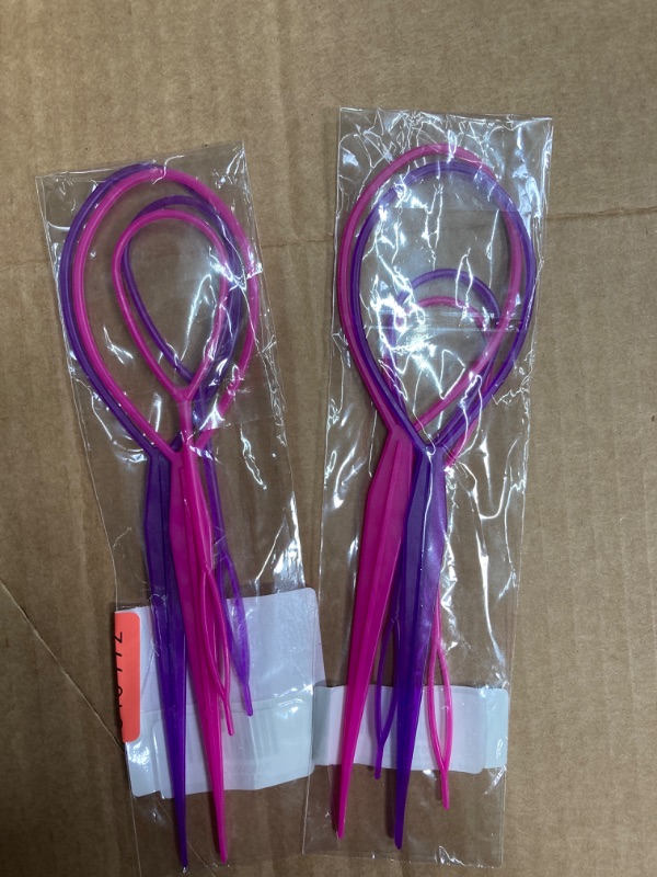 Photo 2 of 2 pack Topsy Tail Hair Tool Hair Pull Through Tool Hair Loop Styling Tool - Ponytail Maker French Braid Loop (pink+purple)