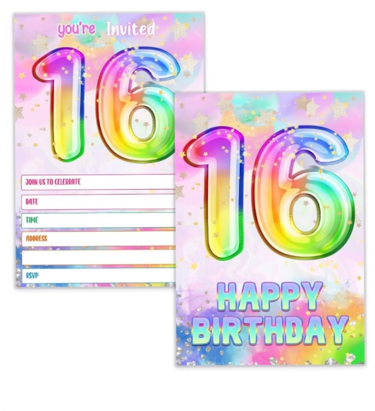 Photo 1 of 16th Birthday party Invitation Cards, Rainbow Holographic invite with Envelopes?20 set