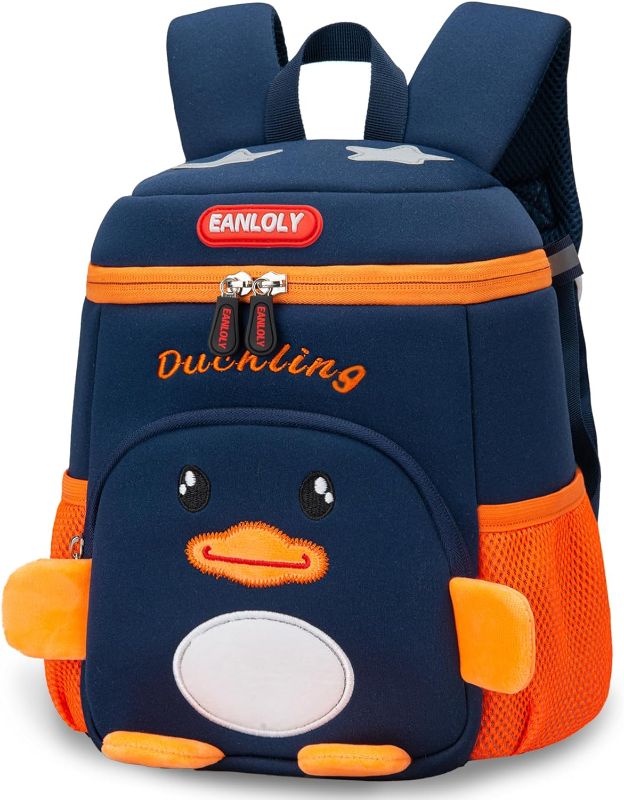 Photo 1 of EANLOLY Toddler Backpack, 3D Cute Cartoon Animal Preschool Kids Backpack, with Chest Strap & Bottle Holder, Neoprene Waterproof Bookbag, School Lunch Backpack for Boys Girls, Dark Blue Duck