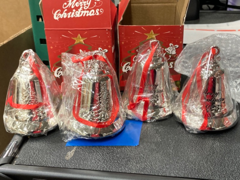 Photo 1 of **BUNDLE OF 4***Bell Ornaments with Snowflake and Xmas Tree Print 2023, Silver Bells Decorations Indoor, Snowflake Ornaments for Christmas Tree Decorations, Christmas Bell Ornament with Gift Box & Ribbon Sliver Christmas Bell With Snowflake Pendant Commem