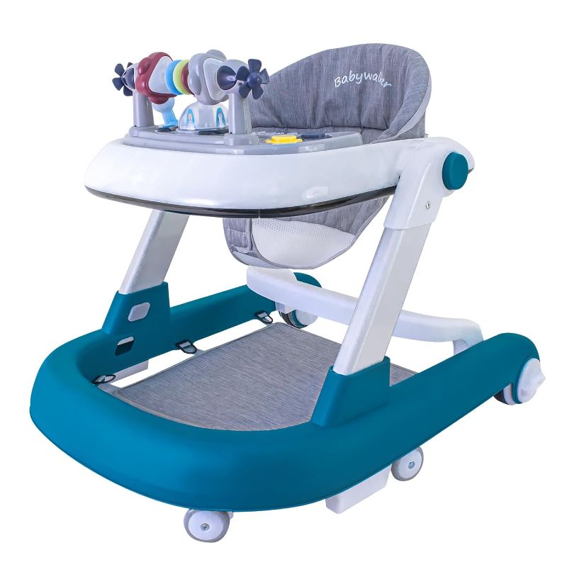 Photo 1 of Foldable Baby Walker, 3 in 1 Toddler Walker Bouncer, Learning-Seated, Walk-Behind, Music, Adjustable Height, High Back Padded Seat, Detachable Trampoline Mat, Activity Walker with Toys (Blue)