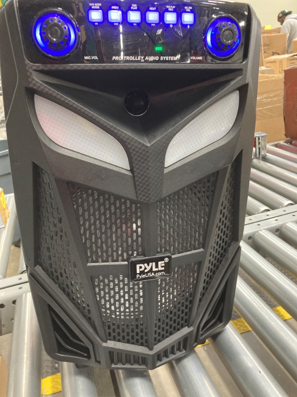 Photo 3 of Pyle Portable Bluetooth PA Speaker System-600W 10” Indoor/Outdoor BT Speaker-Includes 2 Wireless Microphones, Party Lights, USB SD Card Reader, FM Radio, Rolling Wheels-Remote Control PPHP101WMB