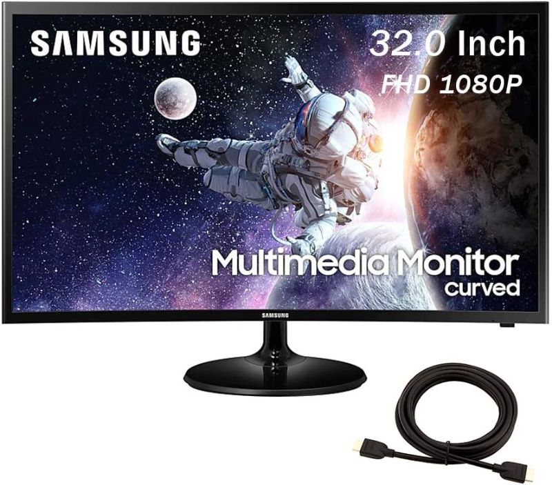 Photo 1 of Samsung 2020 Premium Curved 32 Inch FHD (1920 x 1080) Multimedia LED Monitor, HDMI, Speaker, Black + NexiGo 4K HDMI Cable
