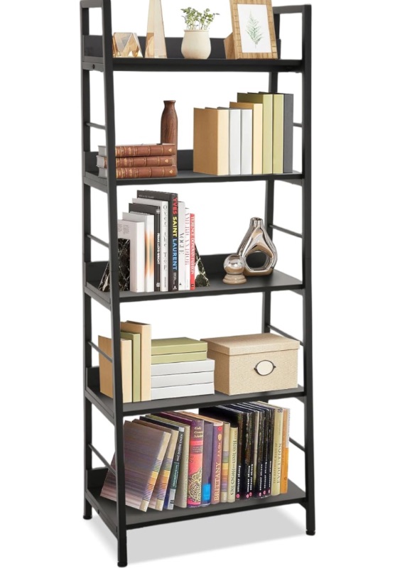 Photo 1 of Himimi Industrial Bookshelf,Ladder Shelf 5 Tier Narrow Bookcases Floor Freestanding Storage Rack Leaning Book Shelves,Plants Flower Stands with Metal Frame for Living Room, Home Office,Bedroom, Black