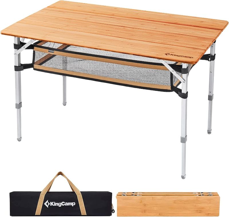 Photo 1 of ***Screws needs to be replaced ***KingCamp Bamboo Folding Table Lightweight Camping Table with Storage Mesh Layer 4-Folds Portable Picnic Camp Table Sturdy Adjustable Height Aluminum Legs for Outdoor Dinning Beach 4-5 Person