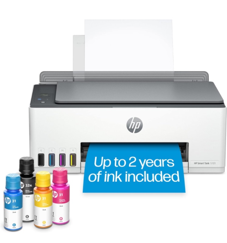 Photo 1 of HP Smart -Tank 5101 Wireless Cartridge-free all in one printer, up to 2 years of ink included, mobile print, scan, copy (1F3Y0A) , White