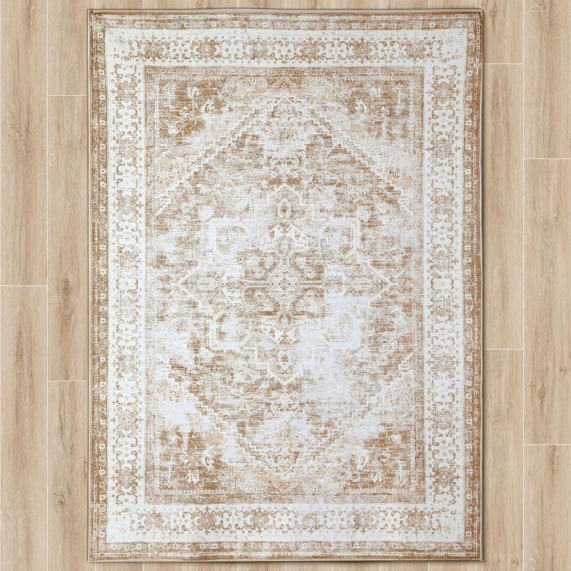 Photo 1 of Boho Vintage Tribal Area Rugs Washable Low-Pile Floral Print Carpet Mat Indoor Decor 6x9 Light Coffee for Living Room Bedroom Farmhouse Dining Room