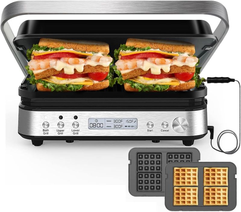 Photo 1 of Panini Press Grill Sandwich Maker with Removable Waffle Plates, 6 in 1 Electric grills with Meat Thermometer, CATTLEMAN CUISINE Indoor Smokeless Griddle, Stainless Steel, 1600W, House Warming Gift