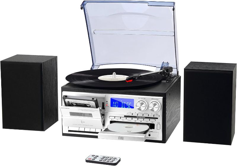 Photo 1 of 10 in 1 Record Player with Dual Stereo Speakers Vintage 3 Speed Turntable with Bluetooth AM FM Radio CD Cassette USB SD Play 3.5mm Headphone Aux-in RCA Line-Out (Black)