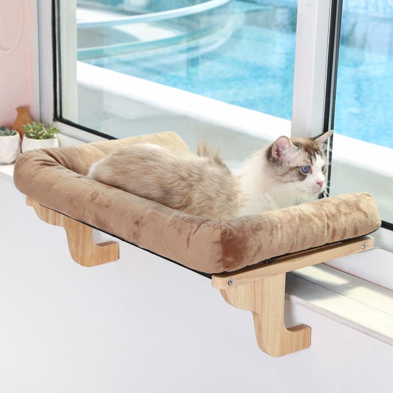 Photo 1 of Cat Perch for Window Sill with Bolster - Orthopedic Hammock Design with Premium Hardwood & Robust Metal Frame - Cat Window Seat for Large Cats and Kittens - Natural Color Wood with Gray Bed