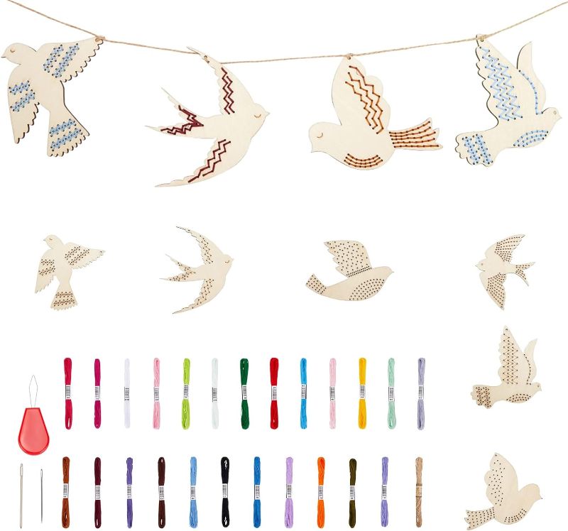 Photo 1 of 6 Set Bird Wooden Embroidery Kits Wooden Sewing Kit for Kids Wooden Stitch Kit Child First Sewing Kit Embroidery Sewing Board for Fine Motor Skills Practicing
