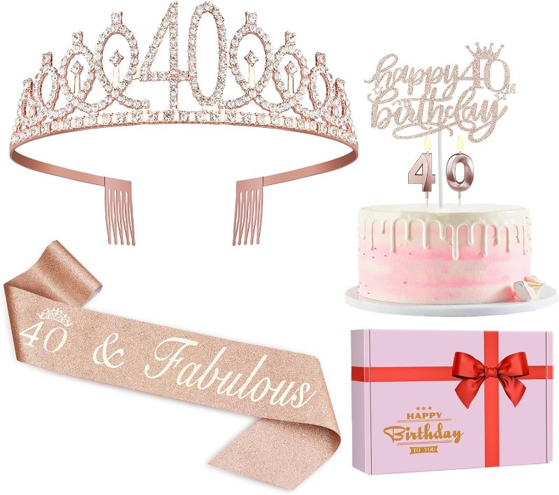 Photo 1 of 40th Birthday Gifts for Women, Including 40th Birthday Crown/Tiara, Sash, Cake Topper and Candles, 40th Birthday Decorations Women