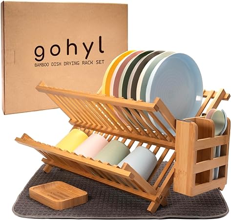 Photo 1 of Kitchen Dish Drying Rack for Kitchen Counter - Bamboo Dish Drying Rack - Wooden Collapsible Dish Drying Rack Dishes Drying Rack Kitchen - 2 Tier Dish Drying Rack Small - Dish Strainer - Dishrack
