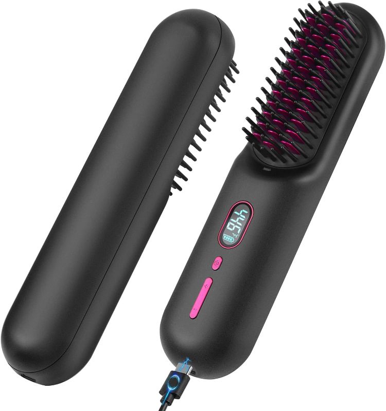 Photo 1 of Cordless Hair Straightener Brush, Portable Negative Ion Hot Hair Brush, 12 Temperature Settings with Auto-Off Safety, 10000 mAh Large Battery & Mini to Carry Out (Black)
