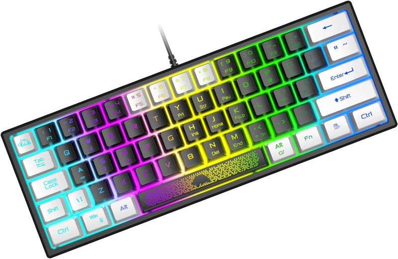 Photo 1 of ZIYOU LANG K61 60% Wired Gaming Keyboard, RGB Backlit Ultra-Compact Mini Keyboard, Waterproof Small Compact 61 Keys Keyboard for PC/Mac Gamer, Typist, Travel on Business Trip(Black-White)
