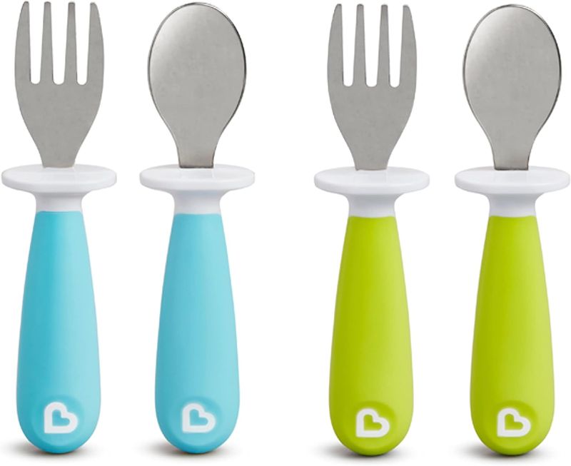 Photo 1 of Munchkin 4 Count Raise Toddler Fork and Spoon, Blue/Green, 12+ 4 Count (Pack of 1) Blue/Green