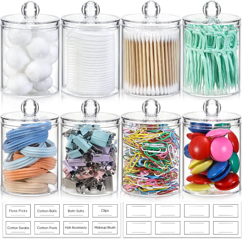 Photo 1 of 8 Pack Qtip Holder Dispenser with Lids & Labels, Cotton Ball, Cotton Swab, Cotton Round Pads, Floss Storage Canister - Clear Plastic Apothecary Jar for Bathroom Vanity Makeup Organizer (12oz & 10oz)
