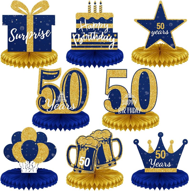 Photo 1 of 8 Pieces 50th Birthday Decorations Glitter 50th Happy Birthday Honeycomb Centerpieces for Tables Fifty Years Blue and Gold Party Decorations Men and Woman Birthday Decorations
