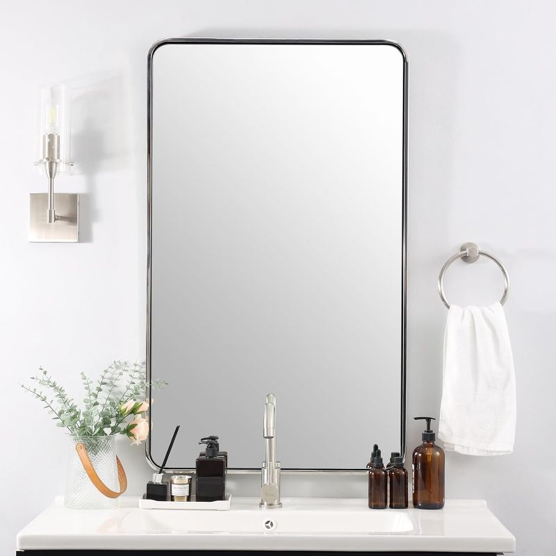 Photo 1 of ANDY STAR Chrome Mirrors for Bathroom, 24x40’’ Oblong Mirror, Chrome Rounded Rectangle Mirror, Stainless Steel Metal Tube Framed Mirror (Anti-Rust), Wall-Mounted Horizontal/Vertical Polished Chrome 24'' x 40''