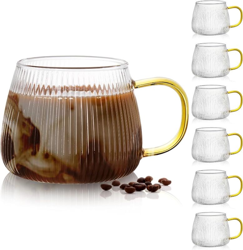 Photo 1 of AVLA 6 Pack Glass Coffee Mugs, 16 OZ Unique Vertical Stripes Coffee Cup, Clear Large Tea Glasses with Handle, Vintage Transparent Glassware for Hot/Cold Beverages, Cappuccino, Latte, Espresso, Juice
