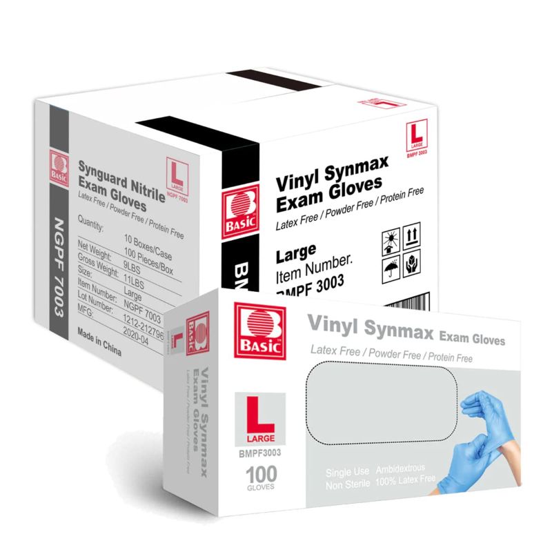 Photo 1 of Basic Medical Synmax Vinyl Exam Gloves - Latex-Free & Powder-Free - Large, BMPF-3003(Case of 1,000)
