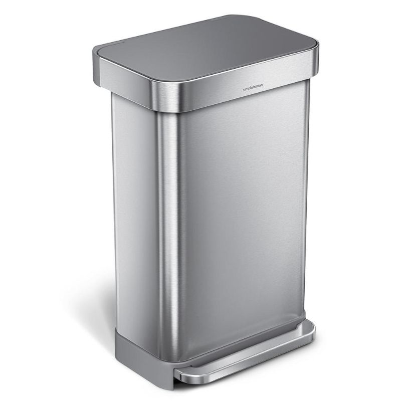 Photo 1 of 45 l Liner Rim Rectangular Step Trash Can, Brushed Stainless Steel with Grey Plastic Lid