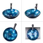 Photo 1 of 16.5 in. Contemporary Artistic Glass Round Vessel Sink Faucet & Pop Up Drain Included in Ocean Blue