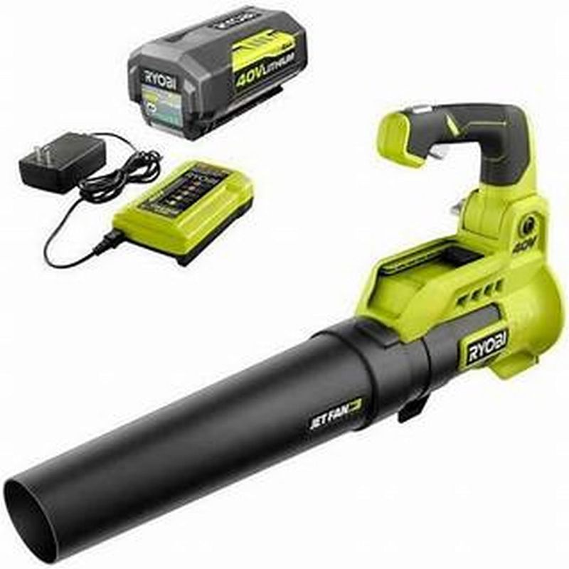 Photo 1 of 
RYOBI 40V 110 MPH 525 CFM Cordless Battery Variable-Speed Jet Fan Leaf Blower with 4.0 Ah Battery and Charger