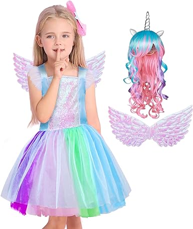 Photo 1 of G.C Girls Unicorn Dress Costume Princess Dress Up with Headband Wings Kids Toddler Flutter Sleeve Tutu Skirt Halloween Gifts