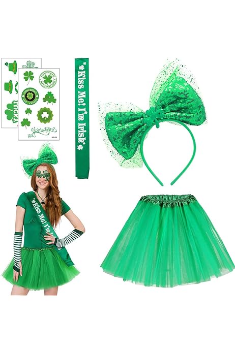 Photo 2 of 175pcs St Patrick's Day Plates and Napkins Set-St Patrick's Day Party Supplies for St Patrick's Day Decorations | St. Patrick's Day Dress Up - Tutu Skirt and Bow Headband and Sash, Irish Day Parade Girls Women Costume Party Accessories Lucky Festival Look