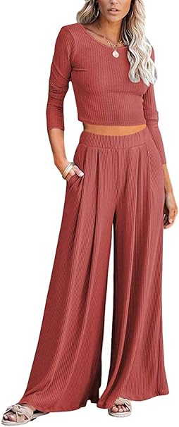 Photo 1 of Lveberw Lounge Set Womens, Outfits Sets, Ribbed Crop Top Long Sleeve, Palazzo Pants - Loose Sweatsuit Knit,2 Piece Pajamas - Medium
