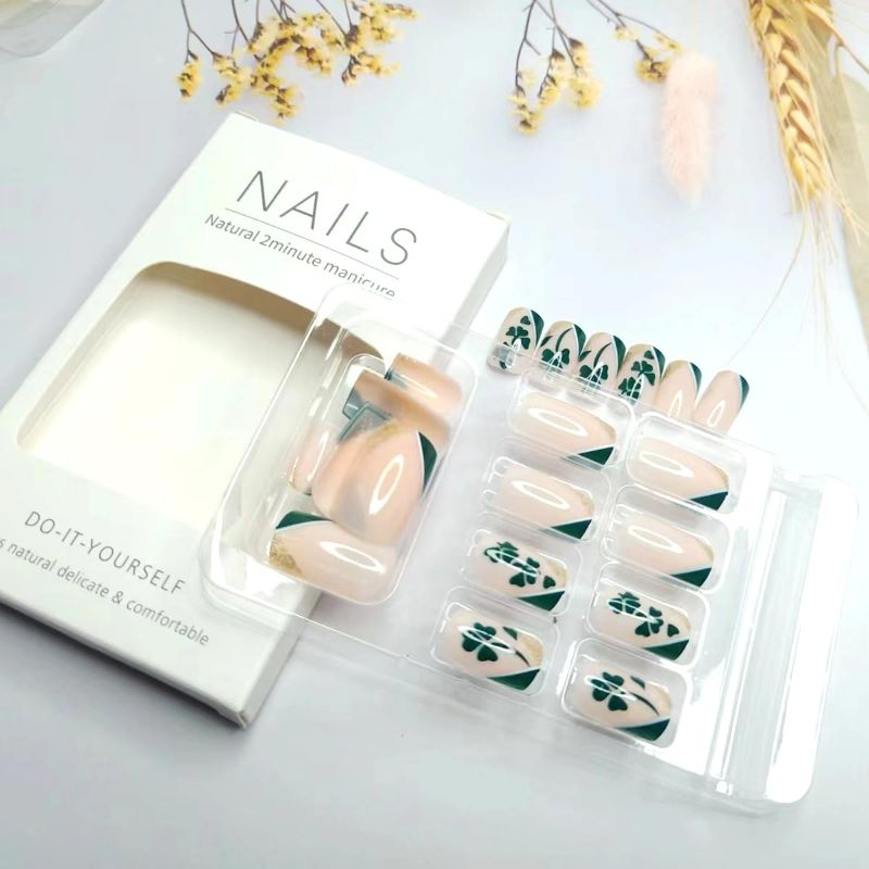 Photo 1 of *DIFFERENT DESIGNS*  24Pcs St. Patricks Day Fake Nails Short Square French Tip Press on Nail Green Shamrocks with Glitter Full Cover Stick on Nails Designs Acrylic False Nails Irish Glue on Nails for Women Girls DIY (PACK OF 5)