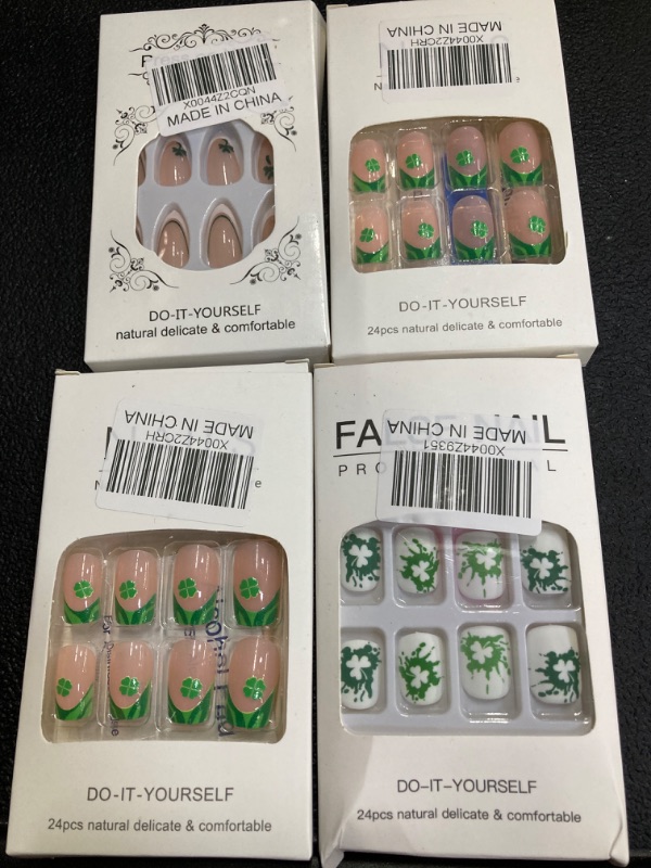 Photo 2 of 24 Pcs St. Patrick's Day Press on Nails Short Square Fake Nails Nude Matte False Nails with Shamrock Designs Cute Acrylic Glue on Nails Full Cover Stick on Nails St Patrick Nails for Women Girls. (4 PACKS - DIFFERENT DESIGNS)