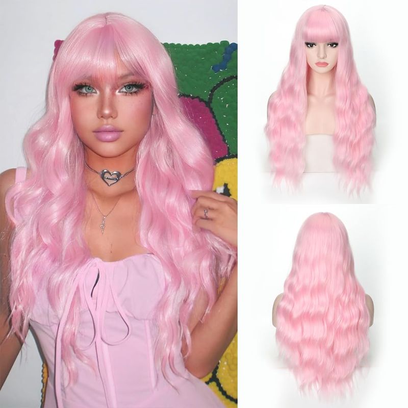 Photo 1 of COSYMAY Light Pink Wig, Long Wavy Curly Wig with Bangs for Women, Natural Looking Heat Resistant Long Curly Wig for Cosplay Party Daily Wear