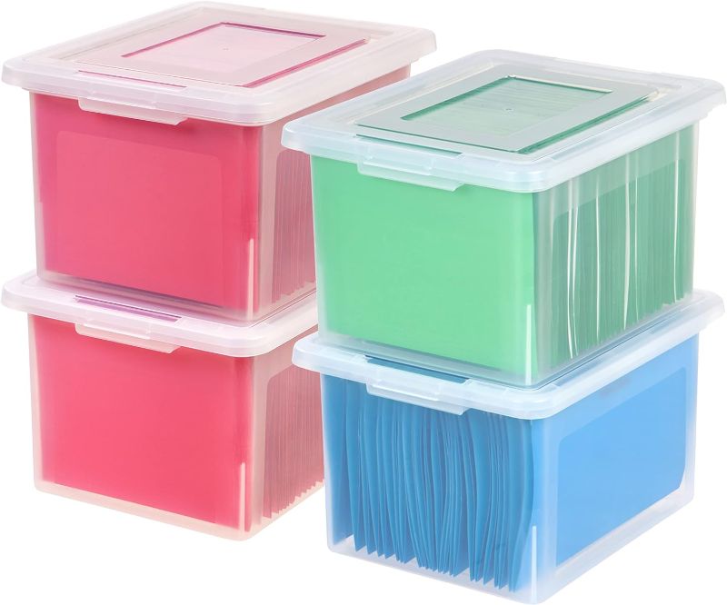 Photo 1 of IRIS USA File Box File Organizer Plastic File Box for Letter/Legal File, BPA-Free Plastic Storage Bin Tote Organizer with Durable and Secure Latching Lid, Stackable and Nestable, Clear 35 Qt. 4Pack
