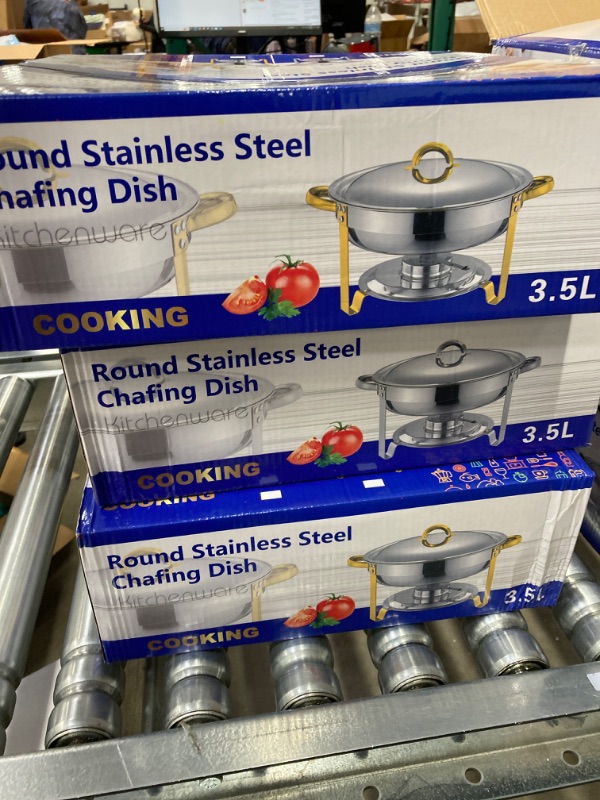 Photo 1 of Chafing Dish Buffet Set of 6 , 5QT Round Stainless Steel Chafer for Catering, Upgraded Chafers and Buffet Warmer Sets w/Food & Water Pan, Lid, Gold Frame, Fuel Holder for Party Wedding Holiday
