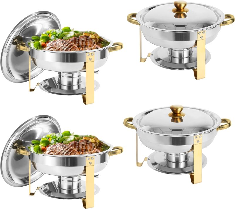 Photo 1 of Chafing Dish Buffet Set of 6 , 5QT Round Stainless Steel Chafer for Catering, Upgraded Chafers and Buffet Warmer Sets w/Food & Water Pan, Lid, Gold Frame, Fuel Holder for Party Wedding Holiday
