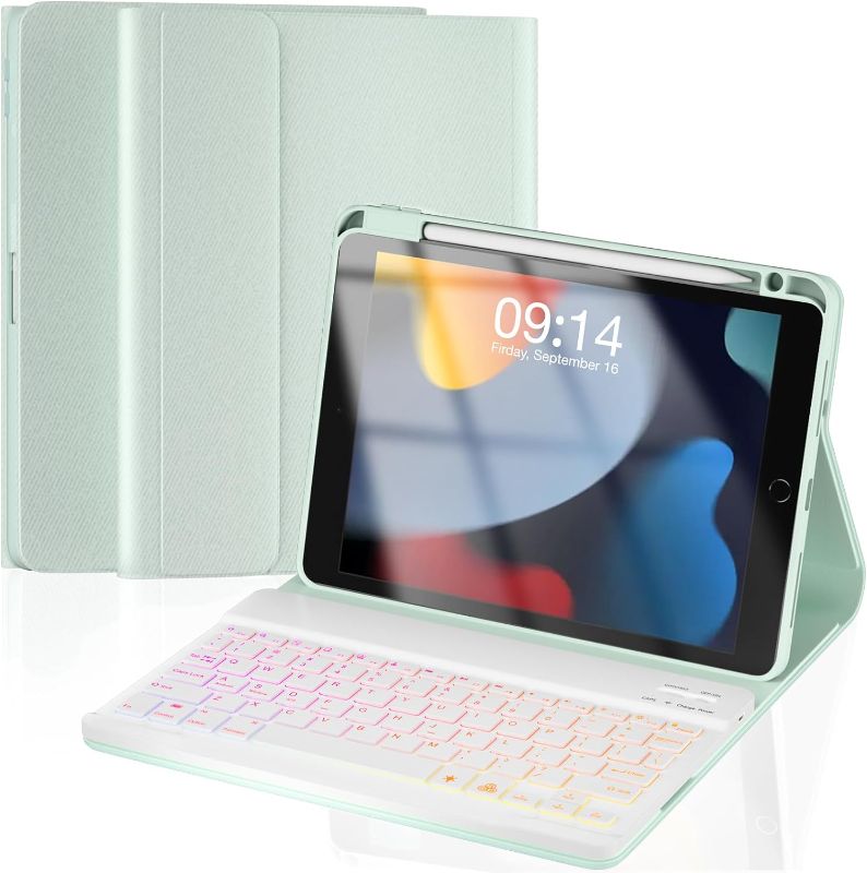 Photo 1 of iPad 10.2'' 9th/8th/7th Generation Case with Keyboard, 7-Color Backlit Detachable Bluetooth Keyboard and Pencil Holder, for 2021, 2019, Air 3rd, Pro 10.5'', Green
