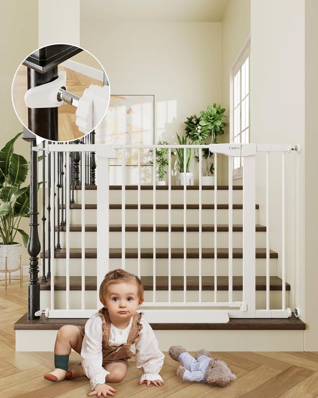 Photo 1 of Cumbor 29.7-46" Baby Gate for Stairs, Mom's Choice Awards Winner-Auto Close Dog Gate for the House, Easy Install Pressure Mounted Pet Gates for Doorways, Easy Walk Thru Wide Safety Gate for Dog, white
