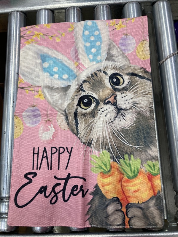 Photo 1 of *** BUNDLE X 3 *** AVOIN colorlife Happy Easter Cat Garden Flag 12x18 Inch Double Sided Outside, Easter Eggs Carrot Holiday Yard Outdoor Decoration