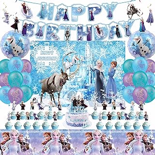 Photo 1 of Frozen Birthday Party Supplies, Frozen Party Decorations Include Birthday Banner, Frozen Balloons, Backdrop, Tablecloth, Hanging Swirls for Kids Girls