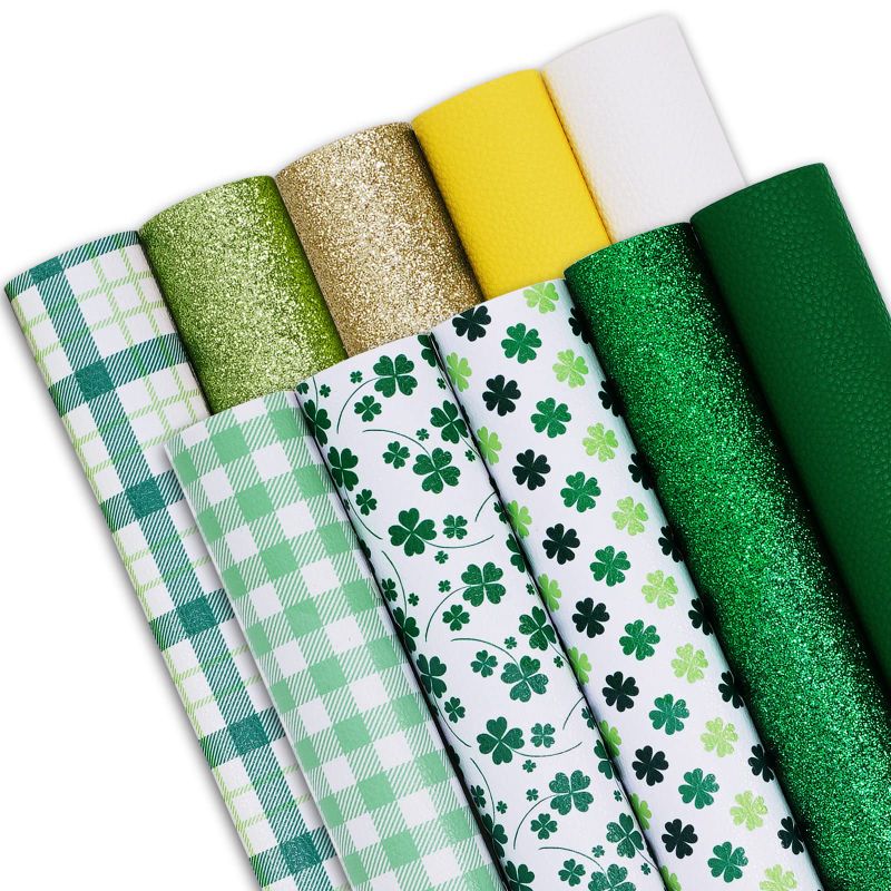 Photo 1 of *** BUNDLE X 2 *** Whaline 10Pcs St. Patrick's Day Faux Leather Sheet Mixed Glitter Green Yellow Leather Fabric 8 x 12 Inch Shamrock Clover Synthetic Leather for DIY Crafts Earring Hair Bow Making Supplies