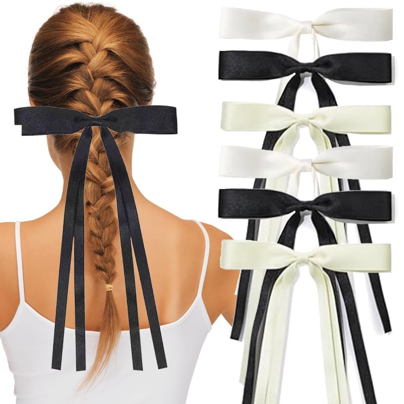 Photo 1 of *** BUNDLE X 2 *** Tassel Hair Bow Clips for Women - 6pcs Ribbon Barrettes With Metal Claw Clips and Bowknots - Hair Accessories for Girls and Teens (Black Beige White) F