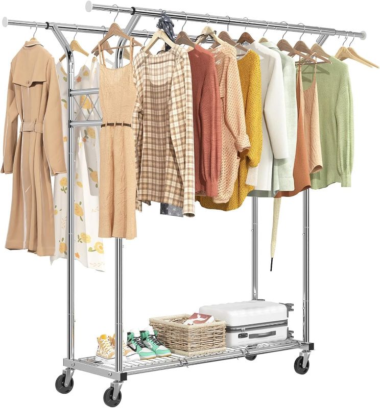 Photo 1 of Heavy Duty Garment Rack on Wheels, Portable Clothes Racks for hanging clothes, Simple Sturdy Wardrobe Rack with Double Hanging Bar, 2 Hanger Hooks - Hold Up to 400Lbs (Black, 2Rod 2Hook) 2 Rods & 2 Hooks Black