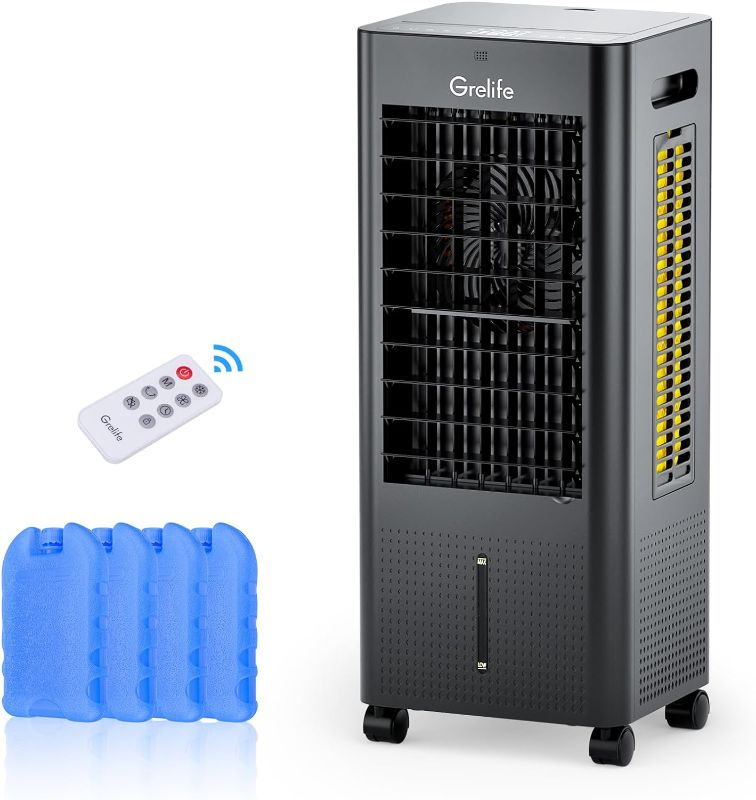 Photo 1 of 3-IN-1 Portable Evaporative Air Cooler,Grelife Air Cooler Cooling Fan with 4 Ice Packs,12H Timer,1.58Gal Water Tank,Remote Control,3 Modes,3 Speeds, Personal Swamp Cooler for Bedroom Home Office
