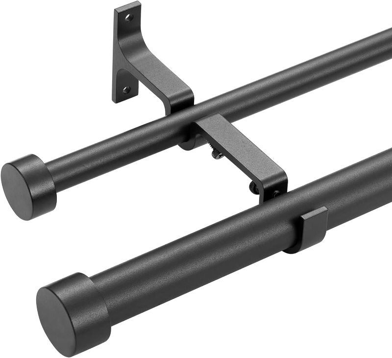 Photo 1 of Double Curtain Rods for Windows 36-72 Inches, 1'' Front and 5/8''Back Double Drapery Rods with Premium Aluminum Brackets and End Cap Finials, Adjustable Matte Black Double Window Curtain Rod
