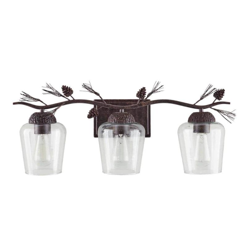 Photo 1 of Hampton Bay Spruce Lodge 25 in. 3-Lights Handmade Pinecone Vanity Light with Clear Seeded Glass Shade
