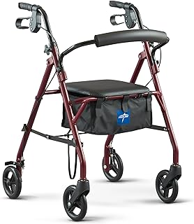 Photo 1 of Medline Rollator Walker with Seat, Steel Rolling Walker with 6-inch Wheels Supports up to 350 lbs, Medical Walker, Burgundy