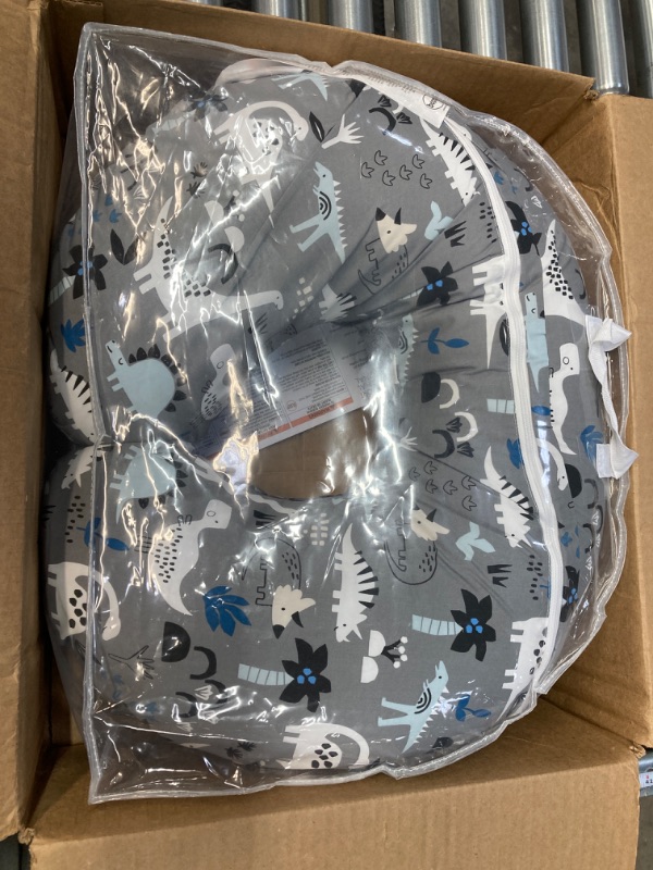 Photo 2 of Boppy Nursing Pillow and Positioner—Original | Gray Dinosaurs with White, Black and Blue | Breastfeeding, Bottle Feeding, Baby Support | With Removable Cotton Blend Cover | Awake-Time Support